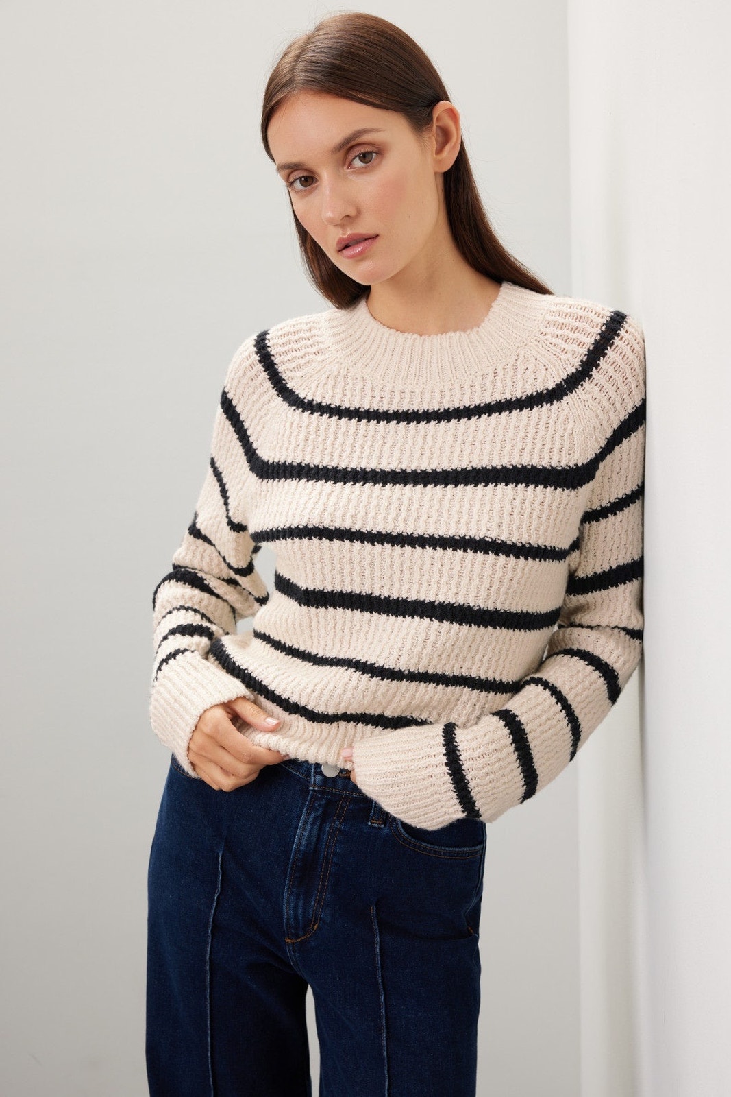 Vince White Black Ribbed Knit Striped Cotton Crewneck Long Sleeve Sweater Xs